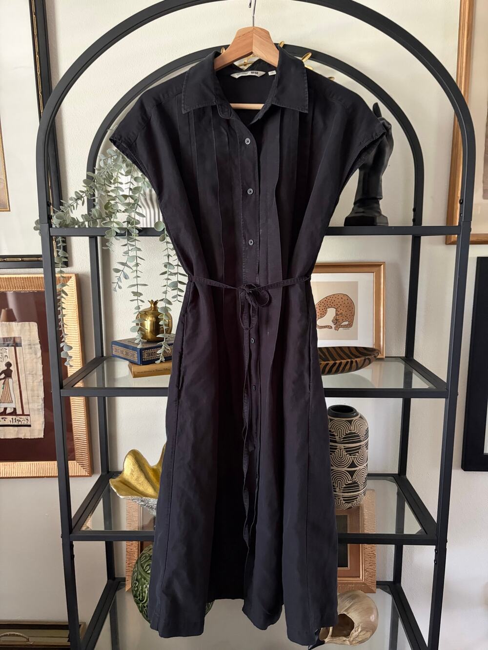 UNIQLO x Comptoir des Cotonniers Linen Blend Shirt Dress Black S Belted Midi